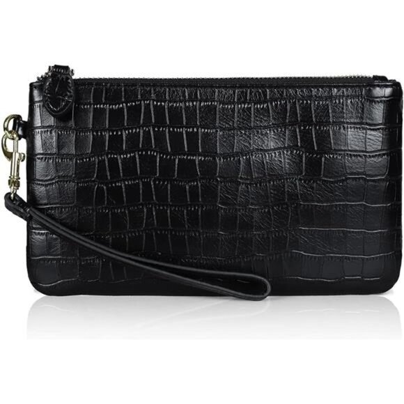 Women's Genuine Italian Leather Wristlet Black Crocodile